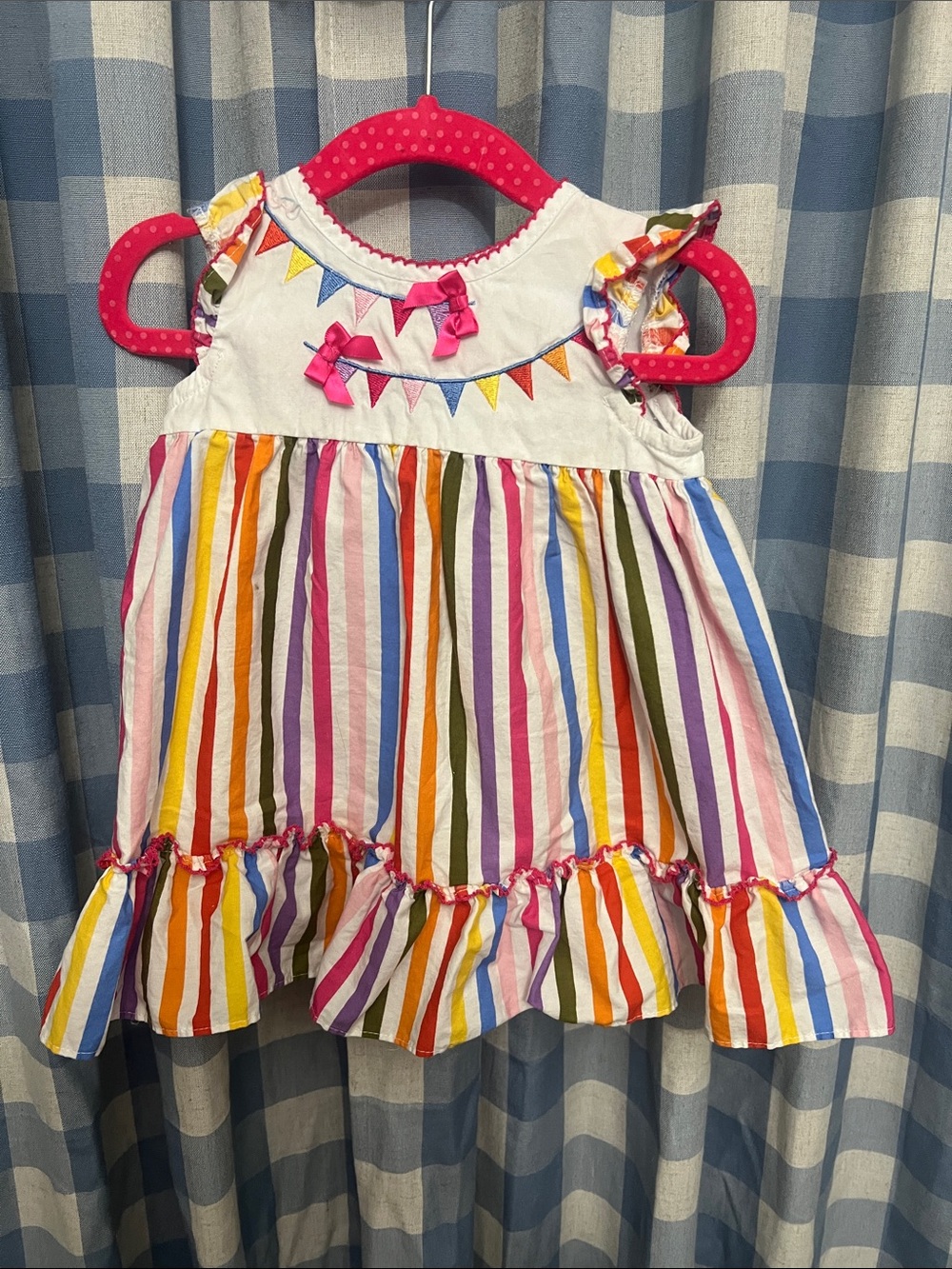 Bonnie Baby White Top Multi-Color Striped Ruffle Dress with Pink Bows